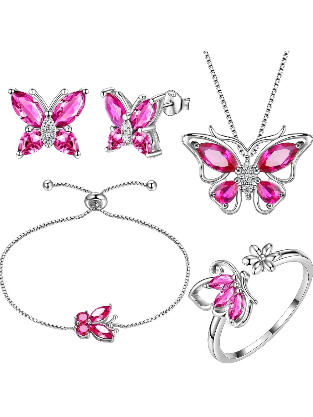 Sterling Silver Pink Butterfly Jewelry Set - Necklace Earrings Bracelet Ring